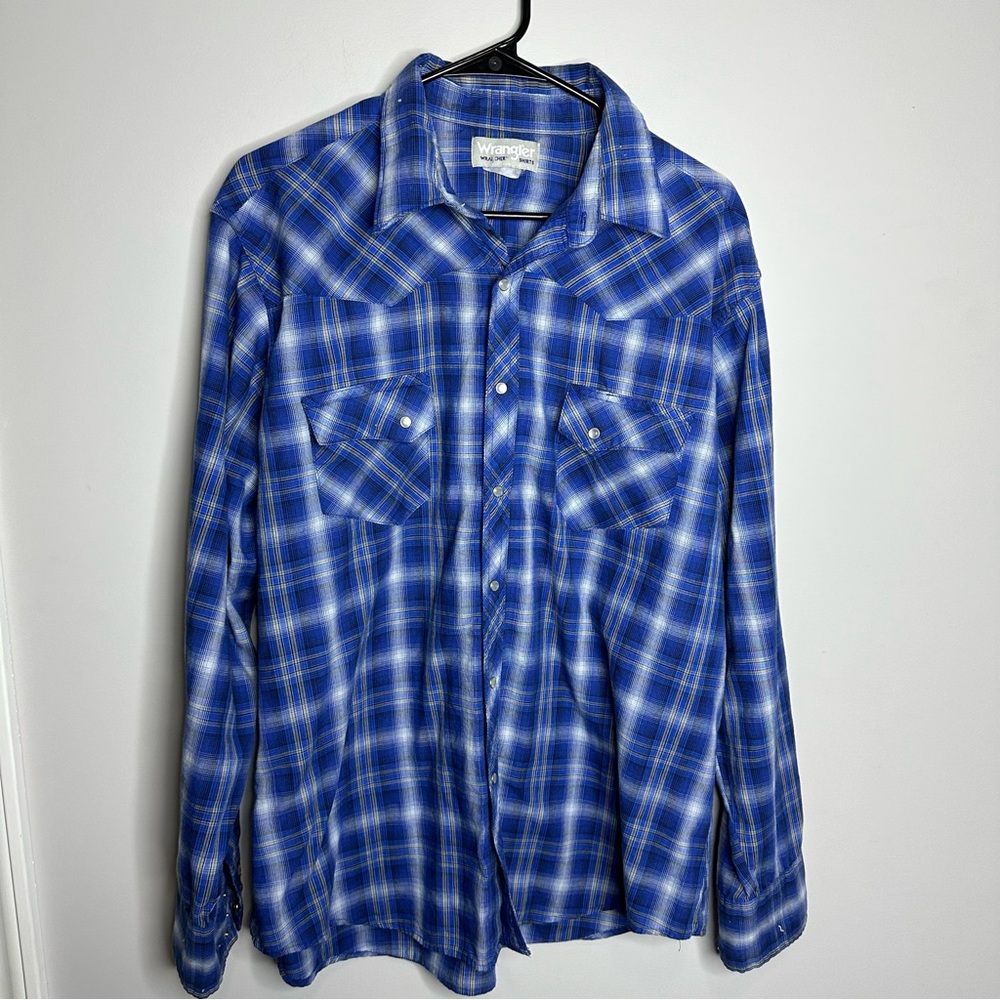 Men’s Wrangler Size XL Blue Plaid Long Sleeve Western‎ Pearl Snap Shirt